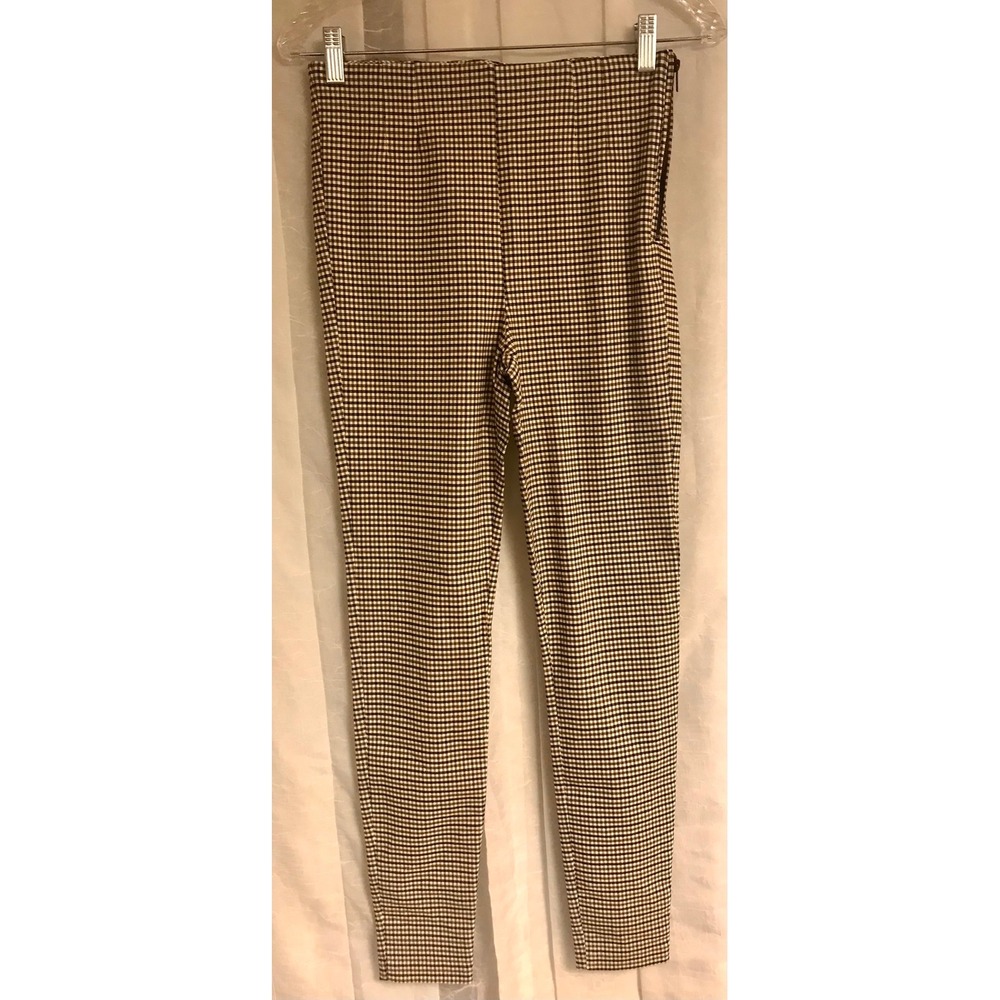 Zara Womens Brown Gingham High Waisted Skinny Trousers Side Zip Size M 28 waist